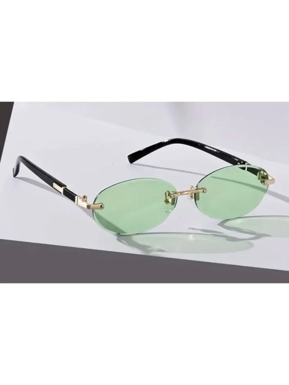 Oval Rimless Green Lens Sunglasses With Gold & Black Metal Frame